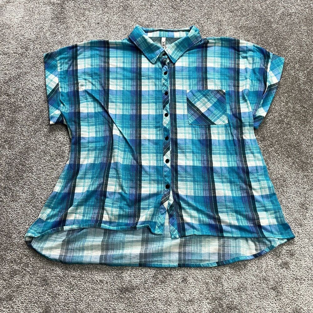 RnR Button Up Blouse Shirt Womens Plus 2X Light Blue Plaid Short Sleeve Soft Top